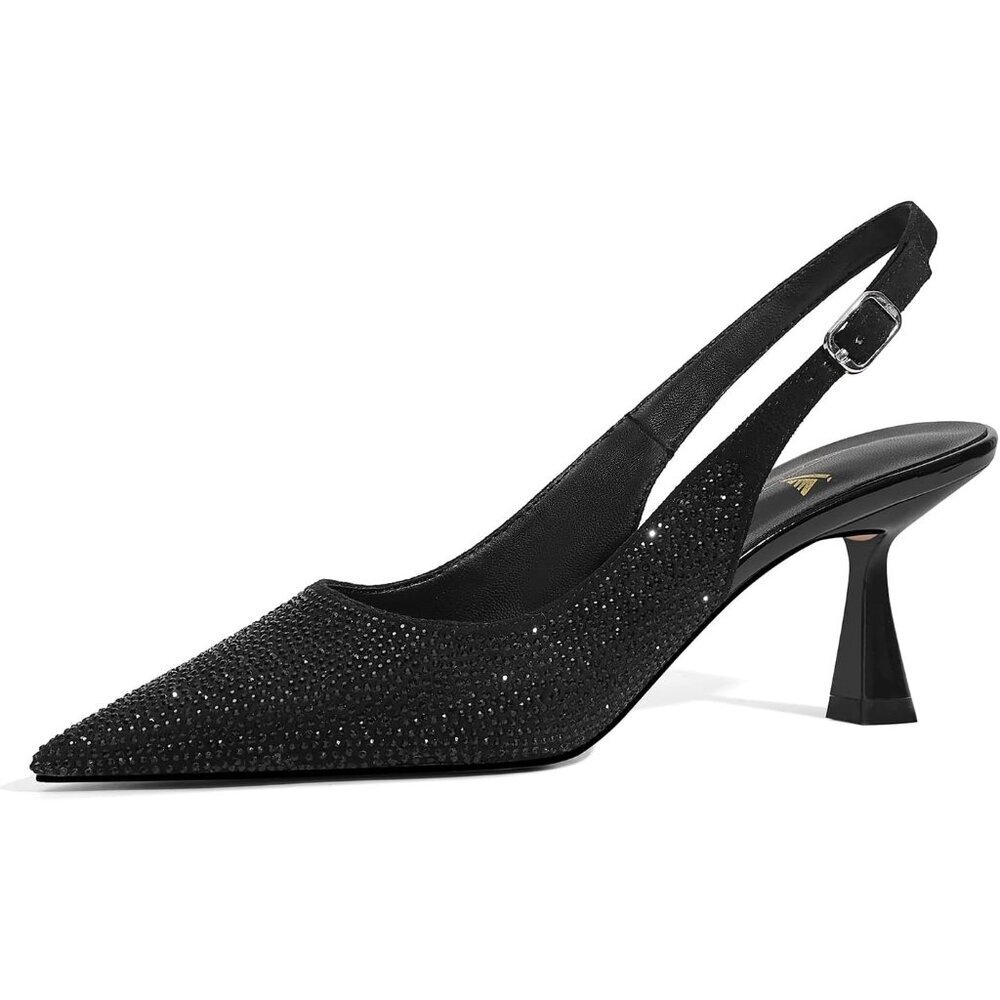🆕Women's Black Kitten Heels Slingback Low Heel Shoes Pumps Pointed Toe Sparkly